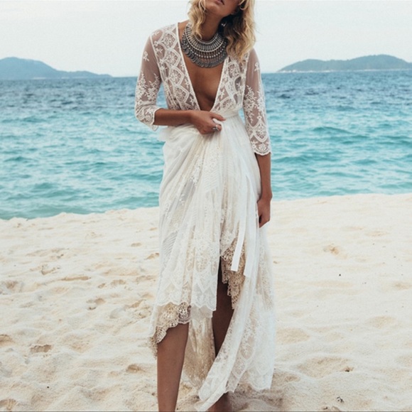 Vintage Lace Inspired Maxi Kimono Style Duster Robe Intricately Designed. White - Picture 14 of 14